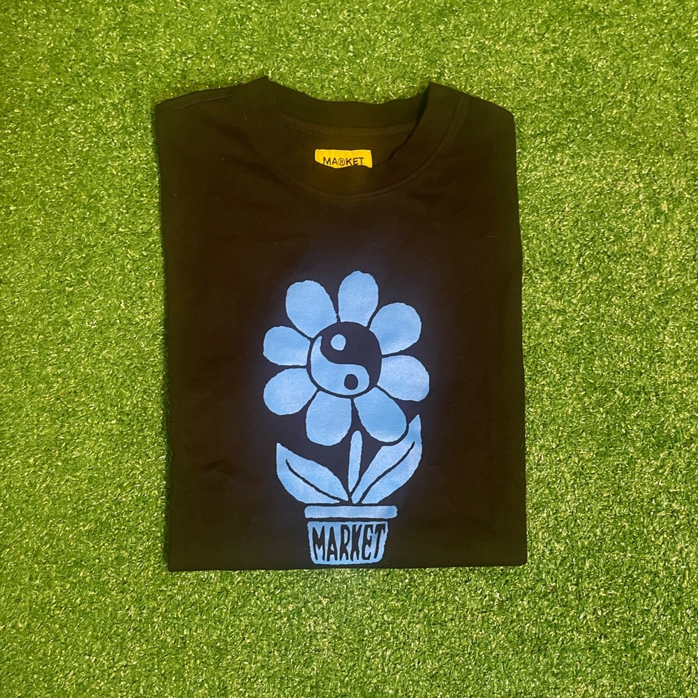 Market Black Tee with Blue Floral Design